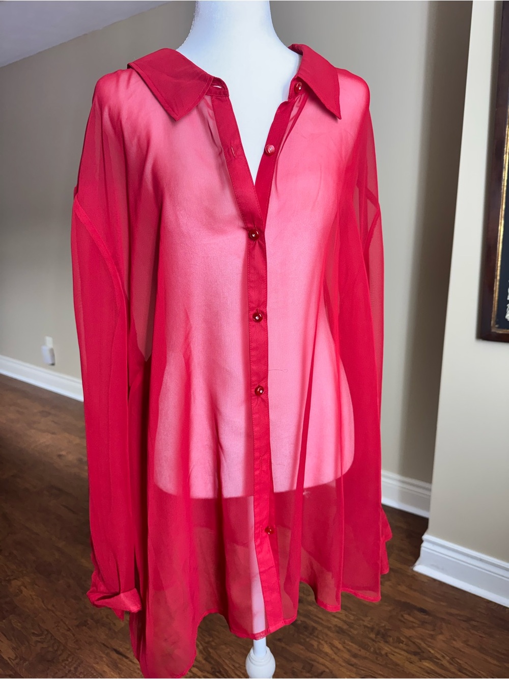 Y2K White Stag Sheer Red Rhinestone Button Up Blouse Plus Size 30W/32W